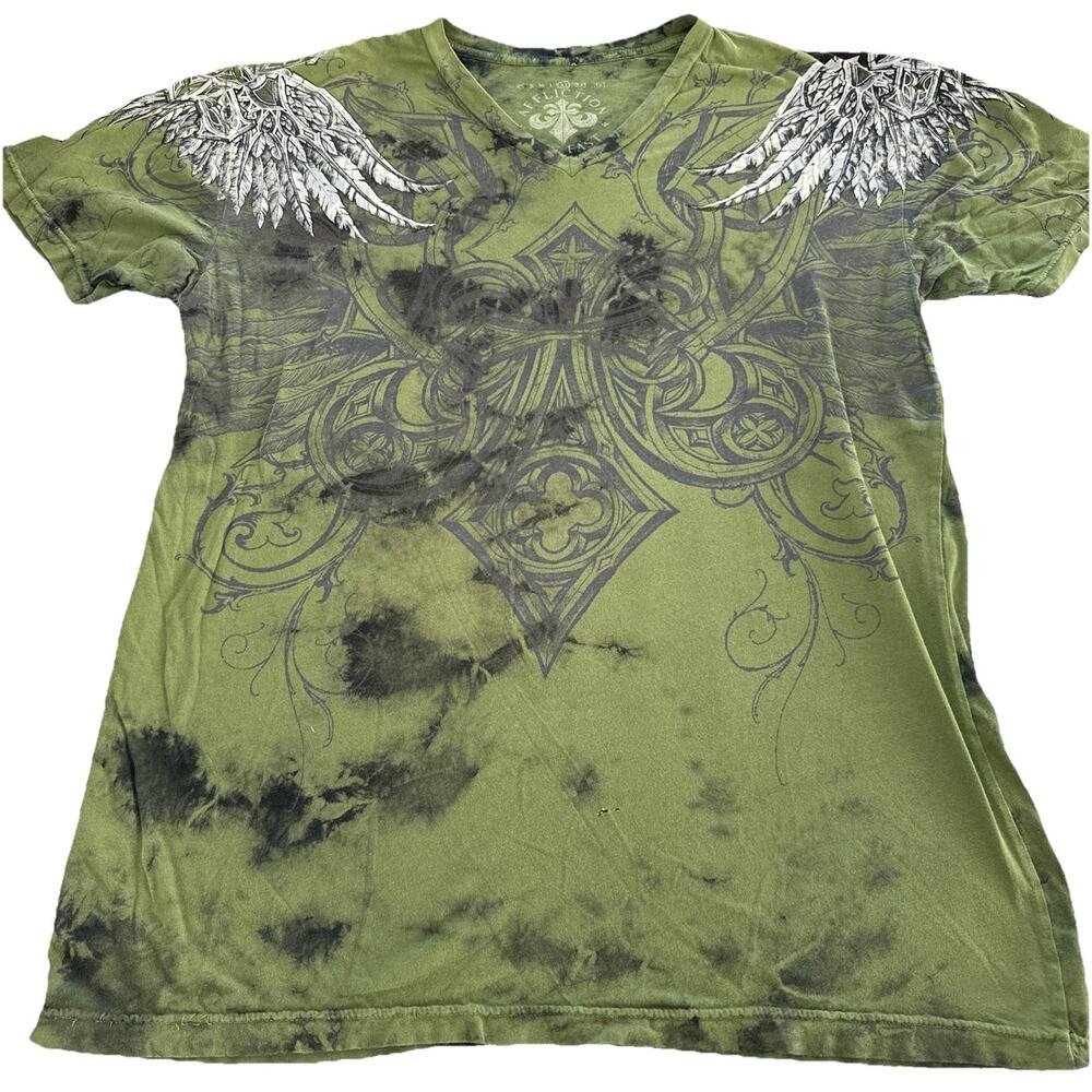 Size XL Affliction Live Fast Men's Shirt Aztec Wings Army Green Vneck Tee